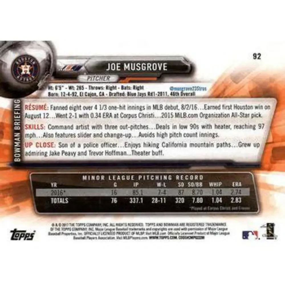 2017 Bowman Joe MusgroveÂ  RC # 92 Houston Astros